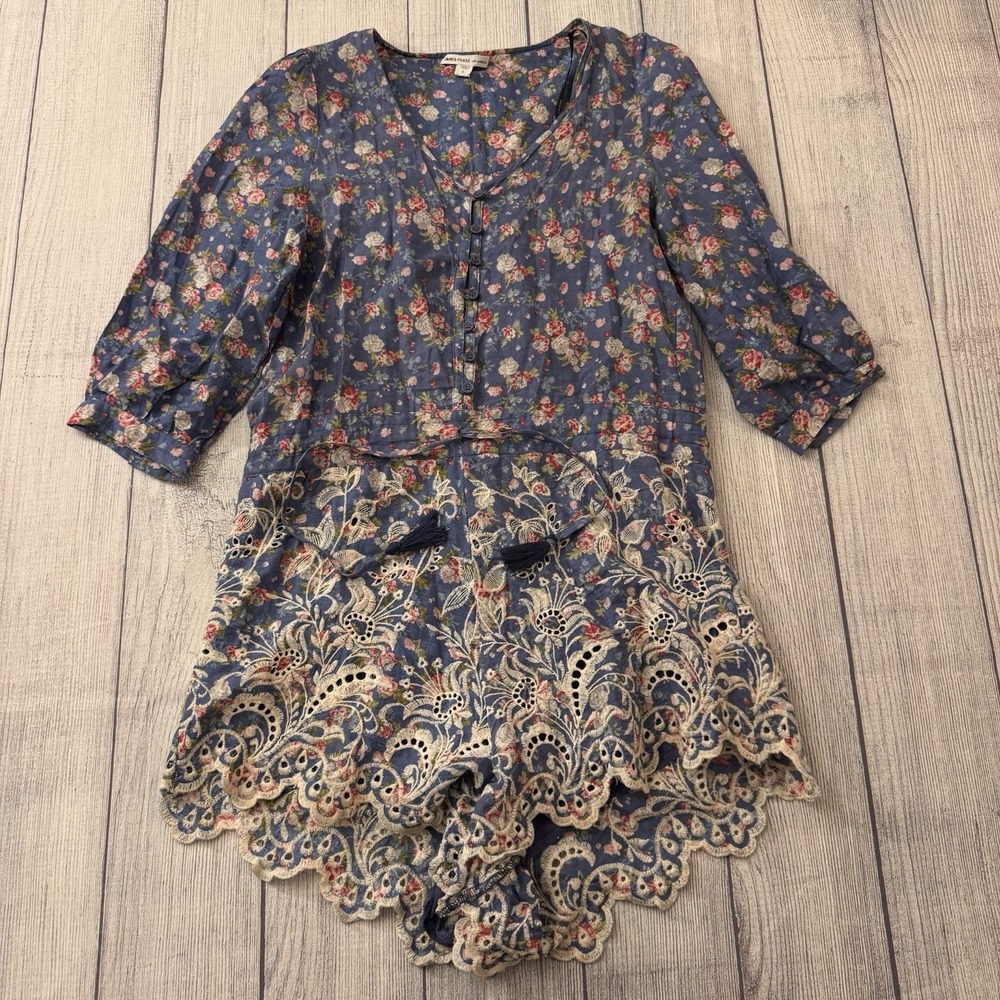 James Perse Floral Embroidered Romper Blue Rayon Boho Lace Hem Size 2 Summer